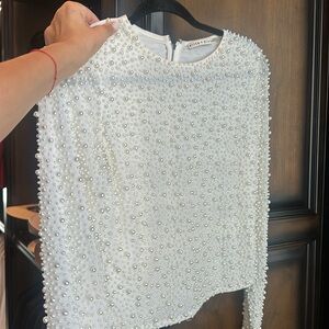 3d faux pearls white long sleeve top